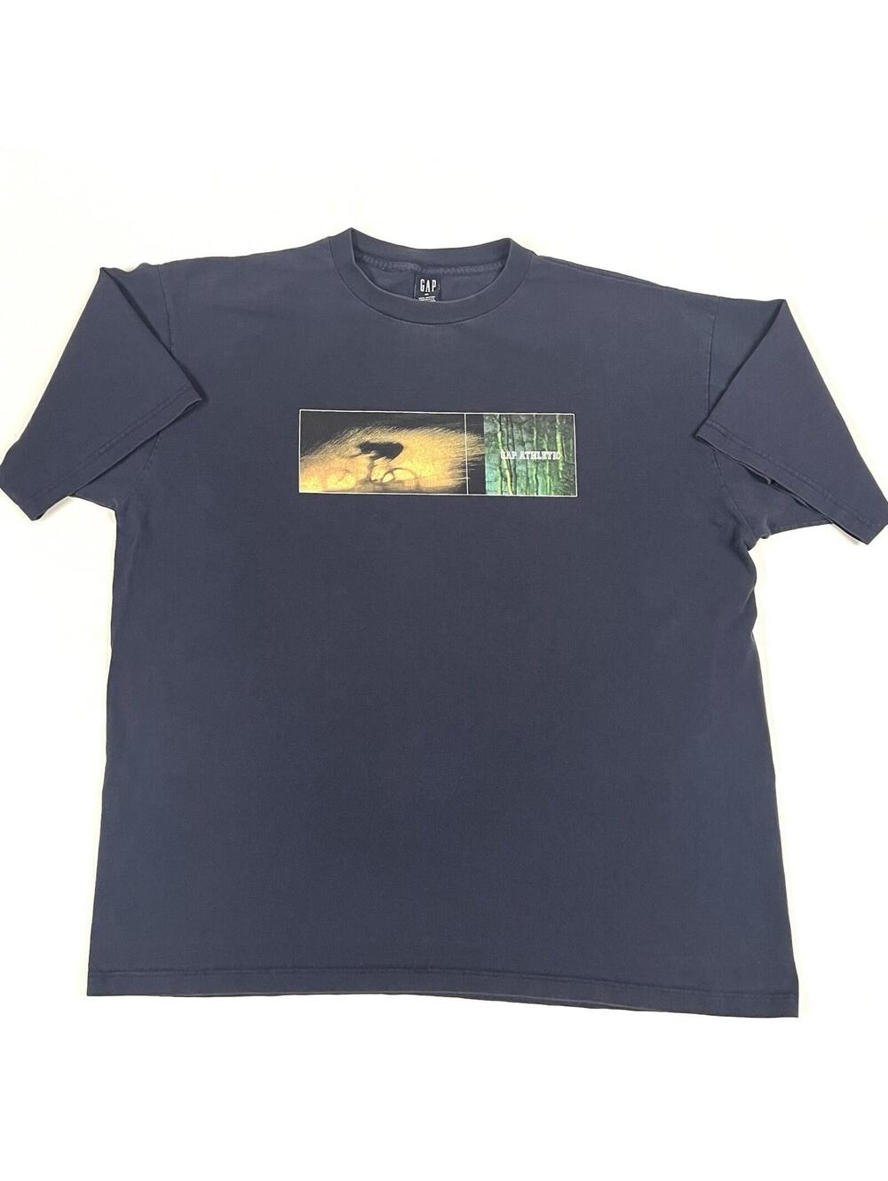 Vintage GAP Athletic Blue Graphic T Shirt XL Made in USA Bike Cycling Box Logo